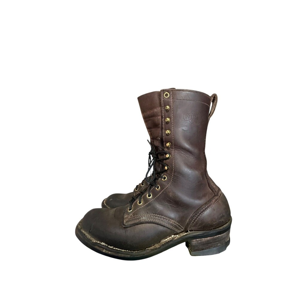 Nick's Handmade Boots Spokane Brown Mens Sz 9 D Logger Packer Leather Distressed